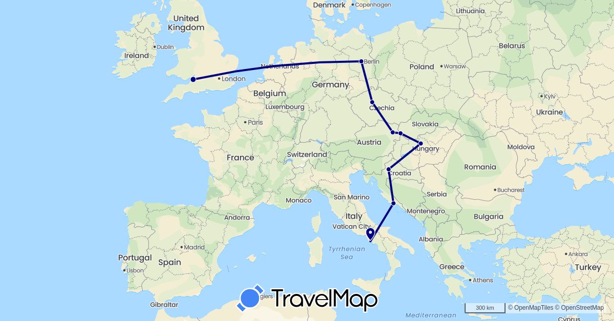 TravelMap itinerary: driving in Austria, Czech Republic, Germany, United Kingdom, Croatia, Hungary, Italy, Slovakia (Europe)